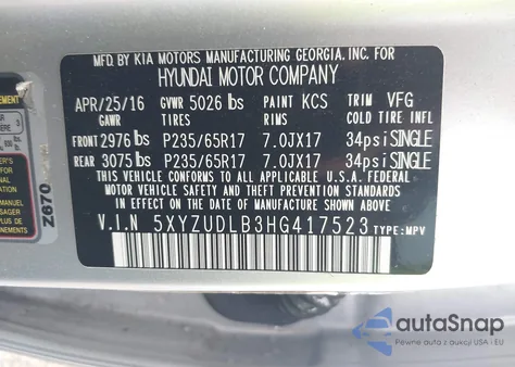 2017 Hyundai Santa Fe Sport 2.4L from USA, damaged, VIN 5XYZUDLB3HG417523